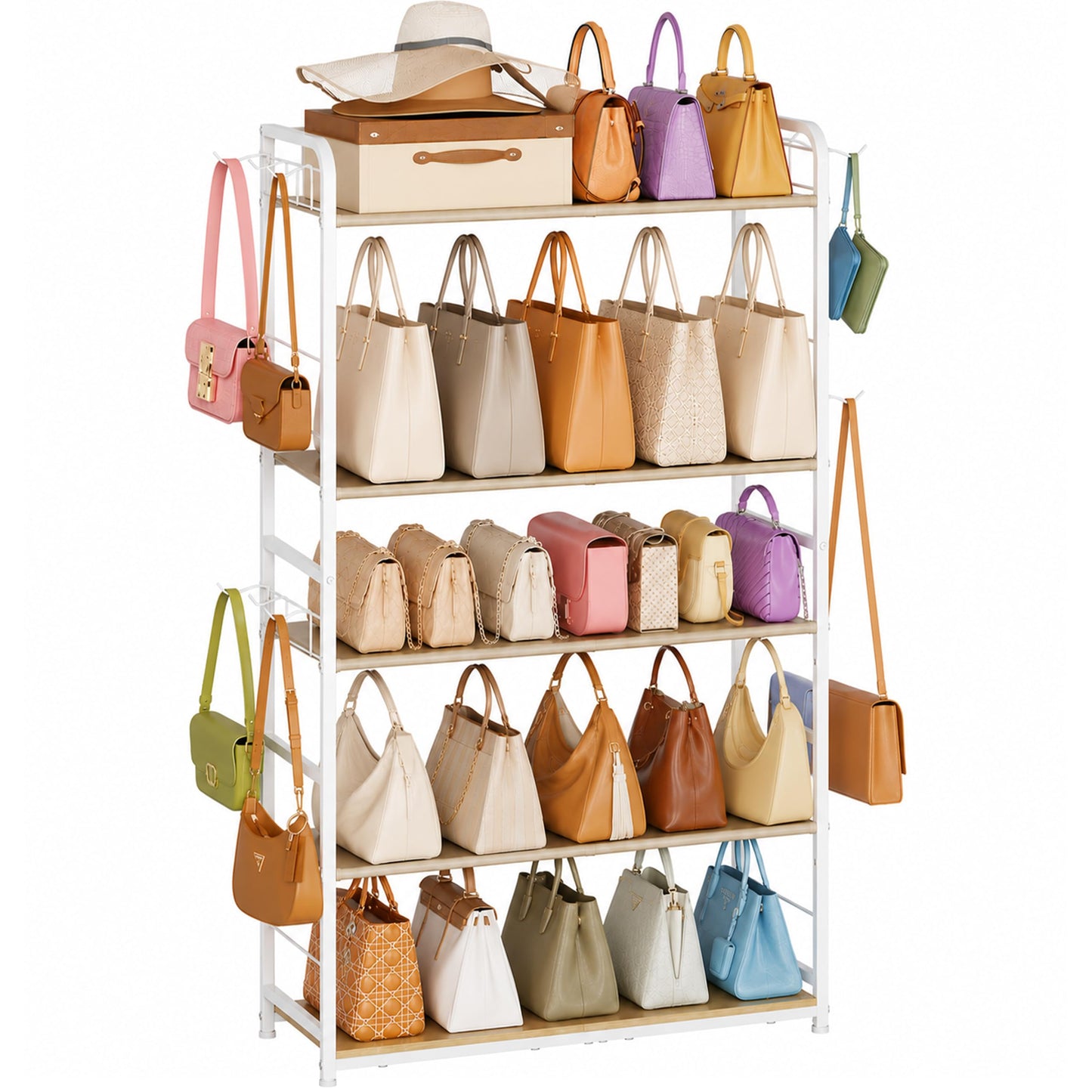 Purse Organizer for Closet, Extra Long 5-Tier Tall Purse Rack Stand with Adjustable Shelves & 12 Hooks, Large Capacity Purse Storage Display Shelf for Tote Bags, Crossbody Bags, Handbag, Dressing Room