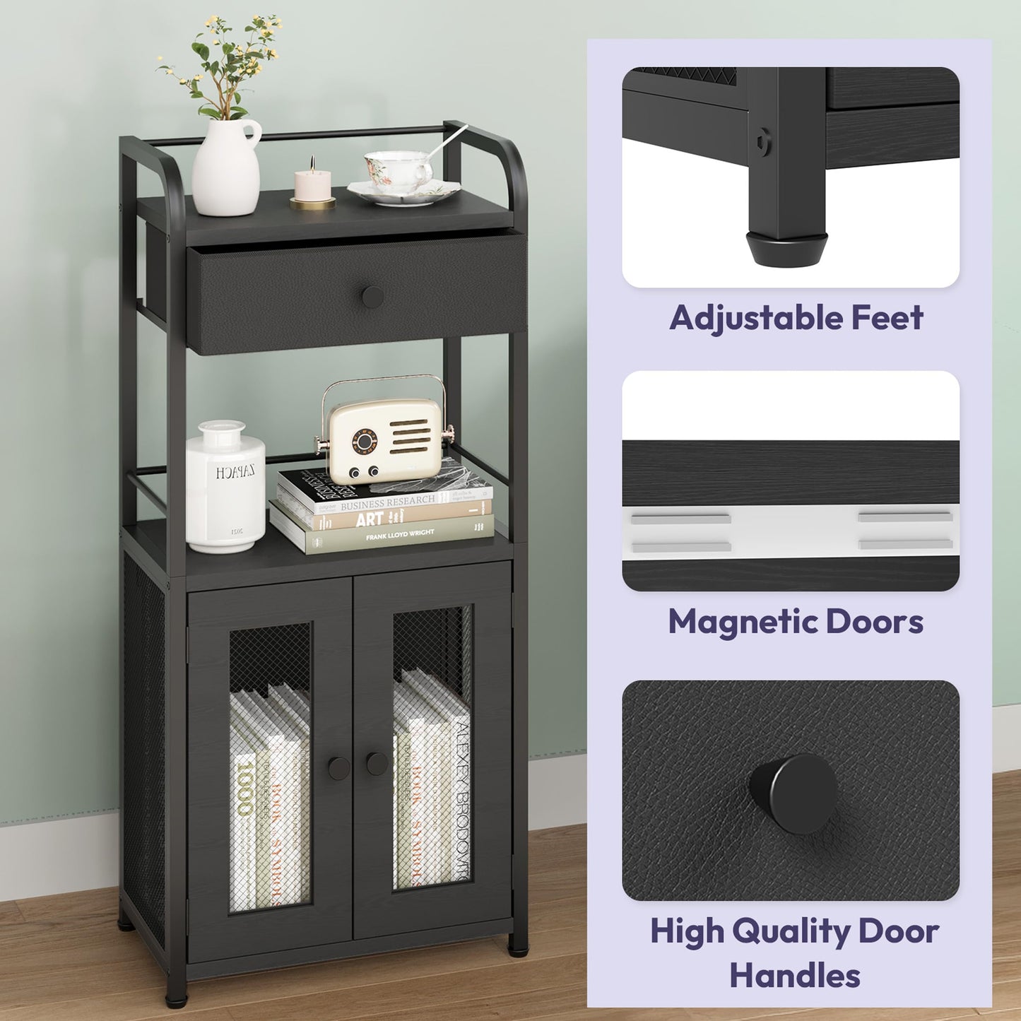 SWTYMIKI 14.57"x32.28" Bathroom Storage Cabinet – Freestanding Toilet Paper Storage with Doors & Drawer, Bathroom Organizers and Storage for Small Spaces, Laundry Room, Ideal for Towels, Black