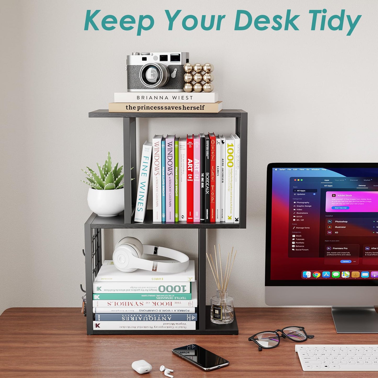 Vfelf Small Bookshelf Desk Organizer，3-Tier Shelf for Top of Desk Workspace Organizers for Office Accessories, Black