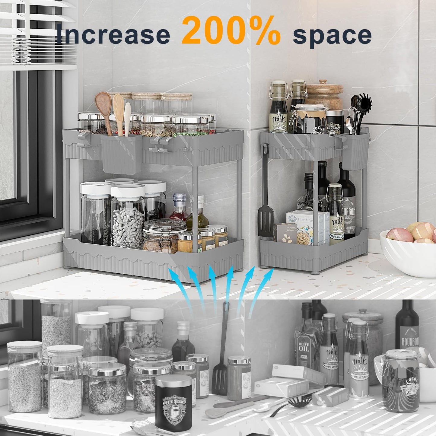 Sevenblue 2 Pack Under Sink Organizer, Under Bathroom Cabinet Organizer with Hooks Hanging Cup, Multi-Purpose Storage Shelf for Kitchen Bathroom (Gray, 12.8 Inch)