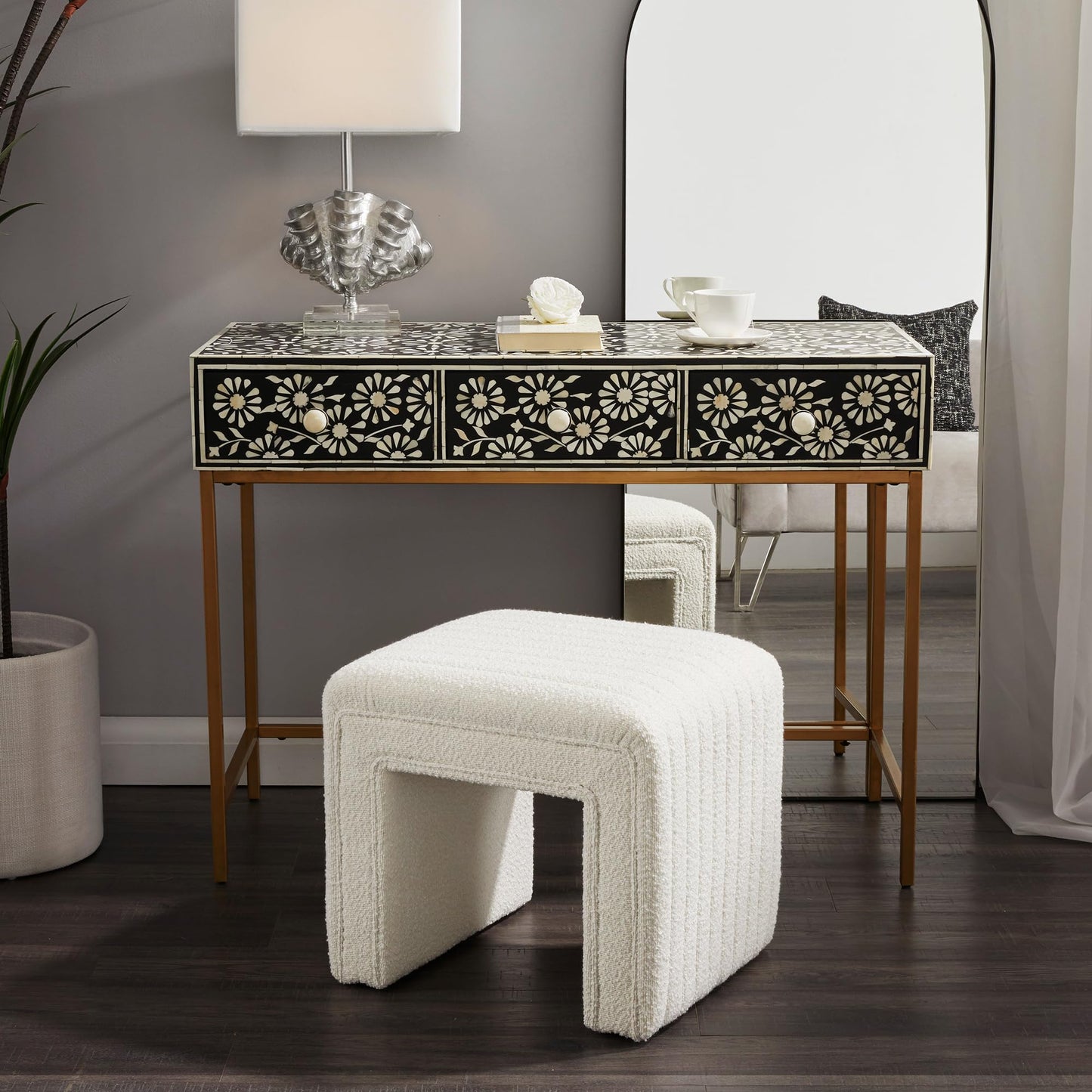 Get Set Style Vanity Stool Chair,Modern Tusk Bloom Ottoman Foot Stool with Wooden Legs Sofa Bench Footstool Extra Seat for Vanity,Makeup Room,Living Room(Fully Assembled)