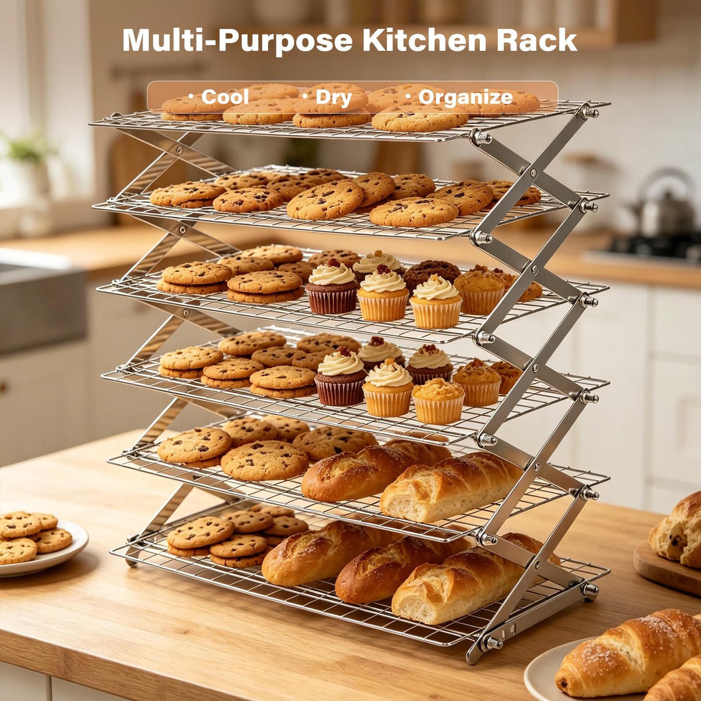 6 Tier Upgraded Collapsible Cooling Rack with Adjustable 3 Setting Design, Stackable Baking Rack with Clean Brush, Roasting Cooking Drying Wire Cooling Rack for Cookies Baking Roasting ＆ Grilling