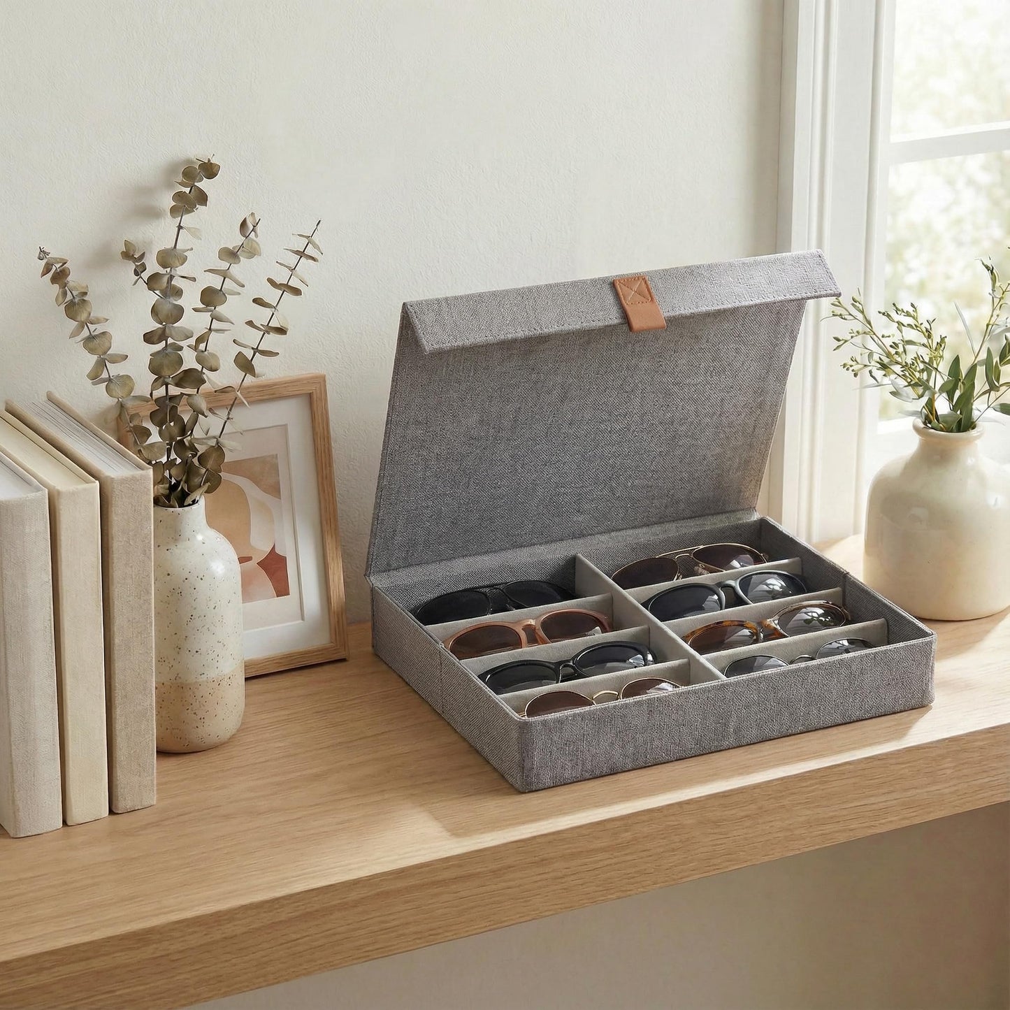 ZICOTO Beautiful Sunglass Storage Organizer For 8 Pairs - A Stylish Linen Case Protects and Displays All Your Glasses - The Perfect Storage Organizer To Hold Multiple Glasses Safe and Dust Free