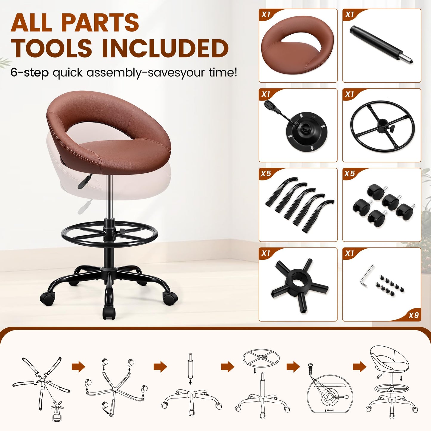 Stella Mia Bar Stool with Back Support – PU Leather Drafting Chair, Adjustable Foot Rest & Rolling Wheels, Swivel Tall Stool for Kitchen Island, Salon, Vanity, Standing Desk, Brown
