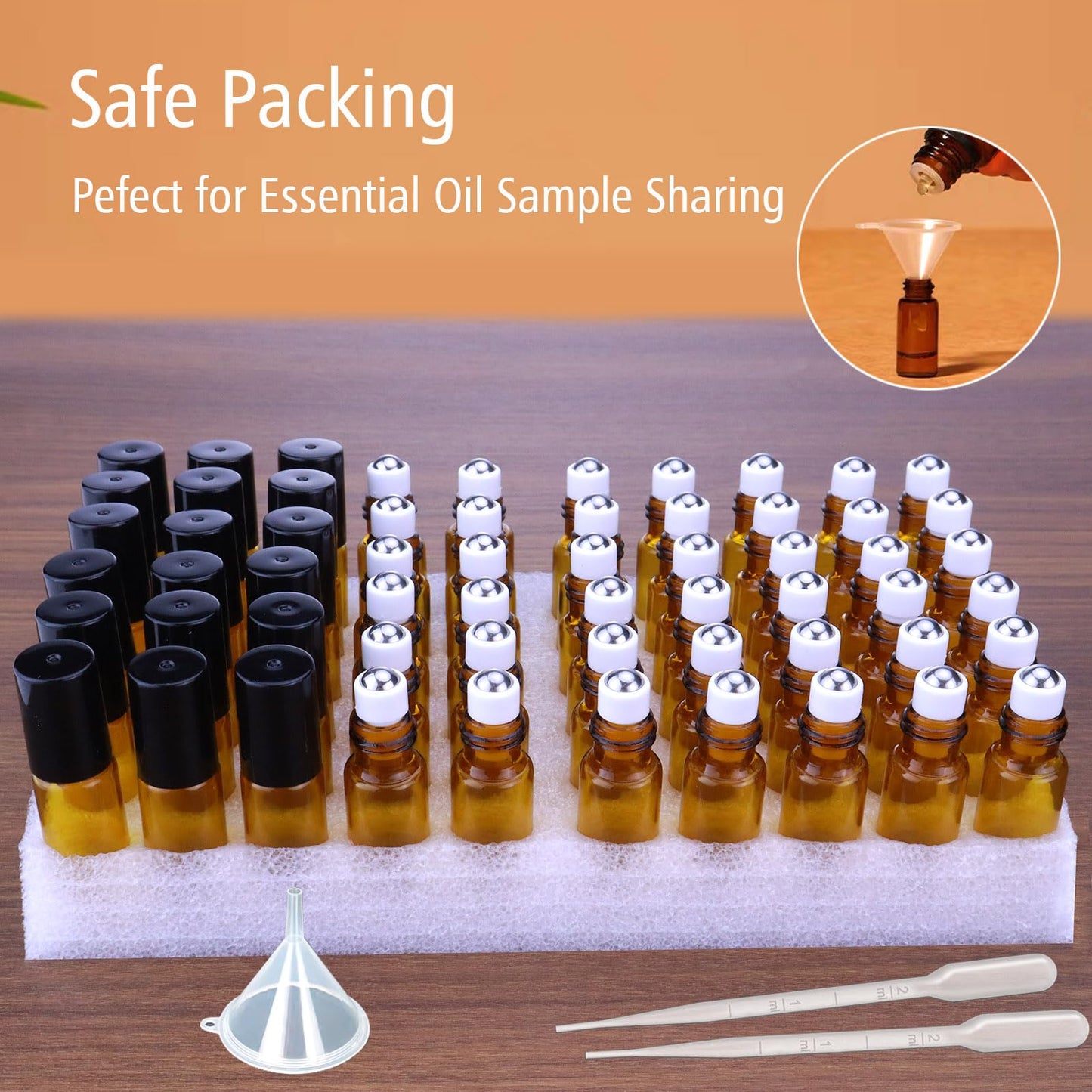 Matifaner 60 Pack 5ml Amber Glass Roll on Bottle For Essential Oils,Perfume Vial with Stainless Steel Roller Ball,Black Caps Mini Sample Vials Cosmetics Small Container (roll-5ml)