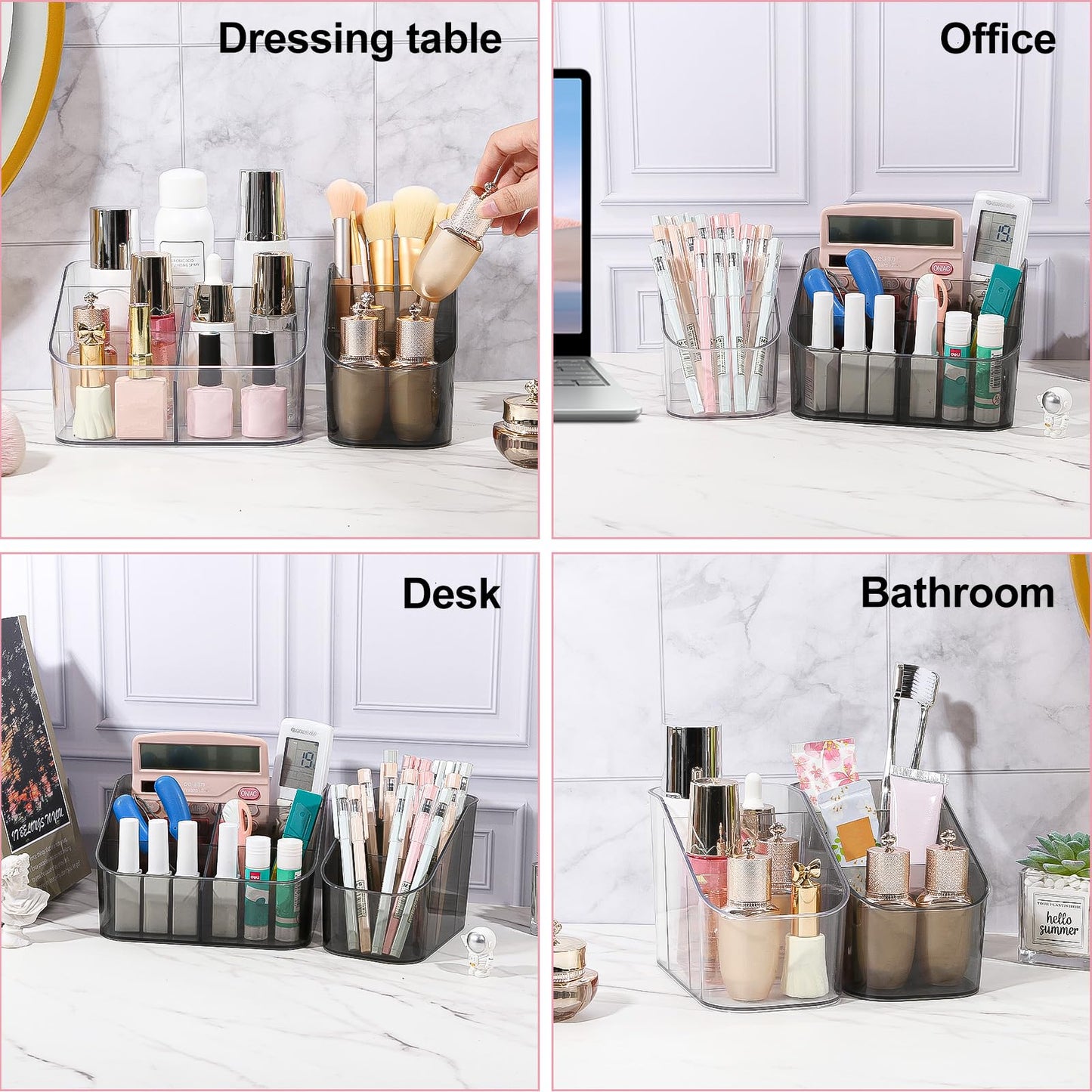 DASITON 3 Slots Makeup Brush Holder, Acrylic Make Up Brush Holder Organizer for Vanity, Bathroom Countertop, Small Makeup Organizer Brush Cup Cosmetic Brushes Storage, Pen Holder for Desk (Grey S)