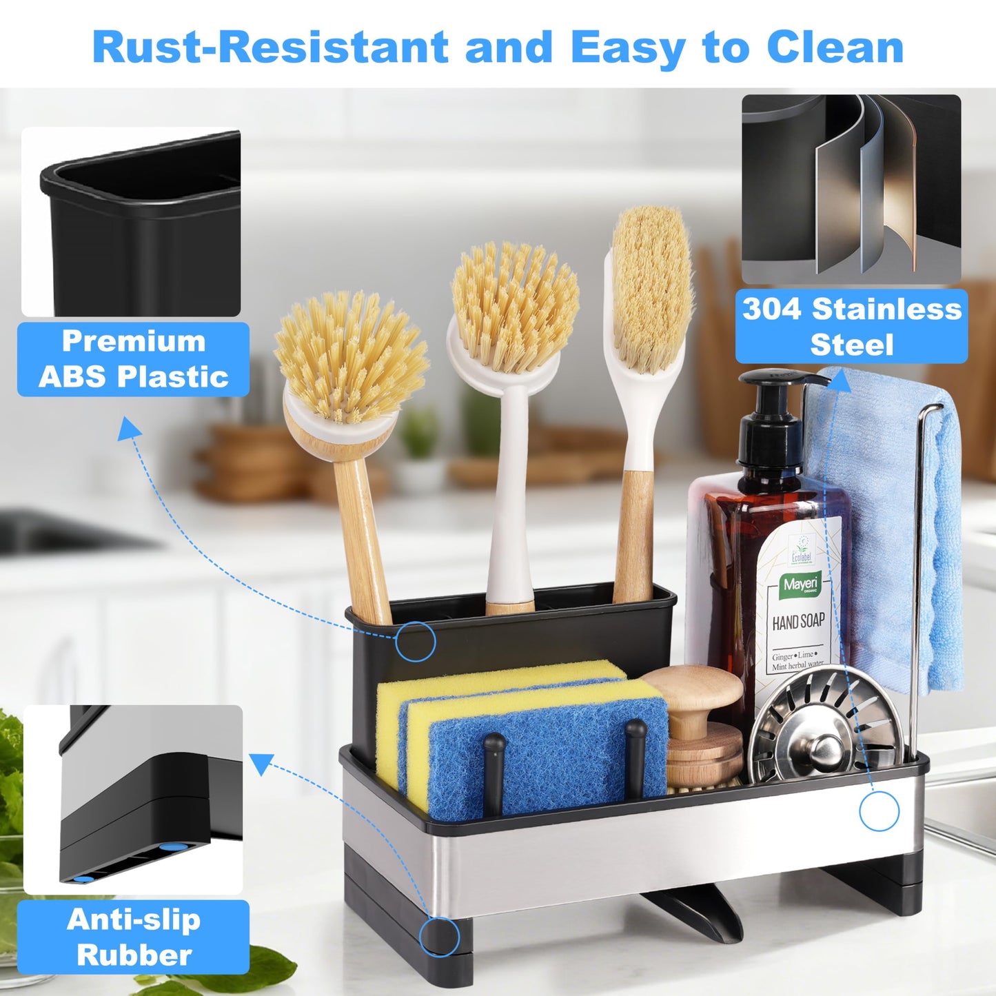Ouletoy Kitchen Sink Caddy Organizer, Stainless Steel Sponge Holder, Kitchen Caddy Sink Organizer with Dish Brush Holder and Dishcloth Rack, Rustproof Dish Sponge Drying Rack for Countertop Storage