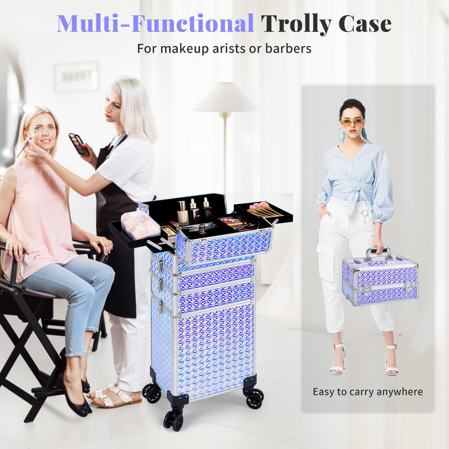 AROUS 5 in 1 Rolling Makeup Train Case Cosmetology Case on Wheels Large Cosmetic Organizer Travel Cart for Hairstylist Artist Nail Beauty Salon Barber,Silver