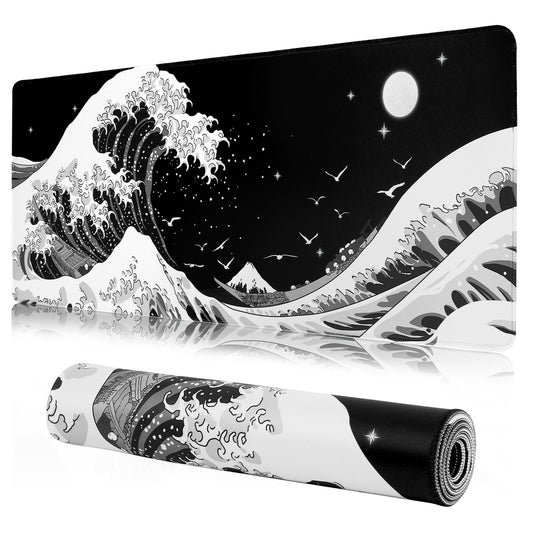MEWOOCUE® Gaming Mouse Pad for Desk,Large Sea Wave Mousepad Laptop,Black White Japanese Anime Mouse Mat,Long XXL Waterproof Keyboard Pads,Big Non-Slip Mouse Pads for Game Office Home（35.4 x 15.7 in）