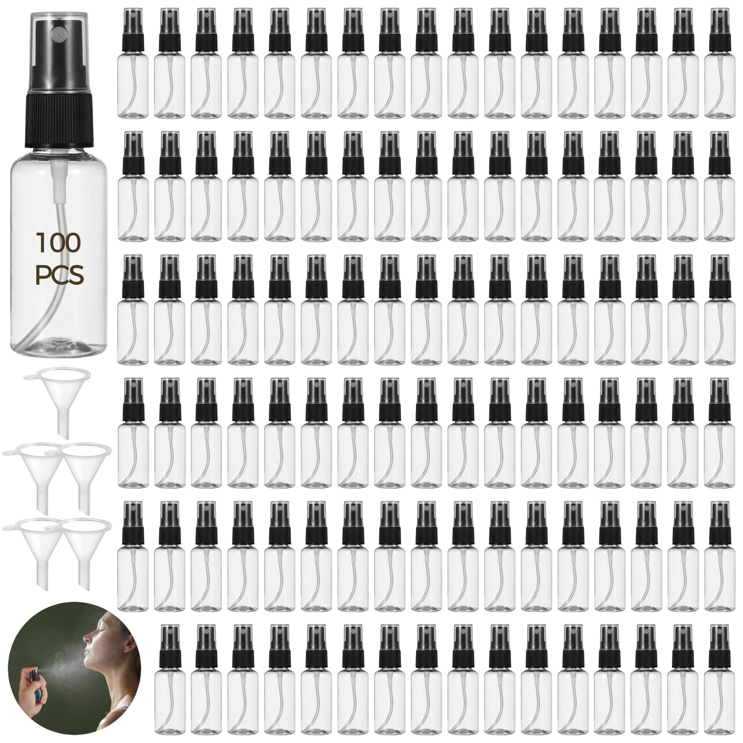 OMISTAR 100 PCS 1 oz Spray Bottles with 5 Funnels for Travel - Refillable Plastic Perfume and Liquid Dispensers, Adjustable Mini Small Spray Bottles Ideal for Fragrance, Water, and Cosmetic Use