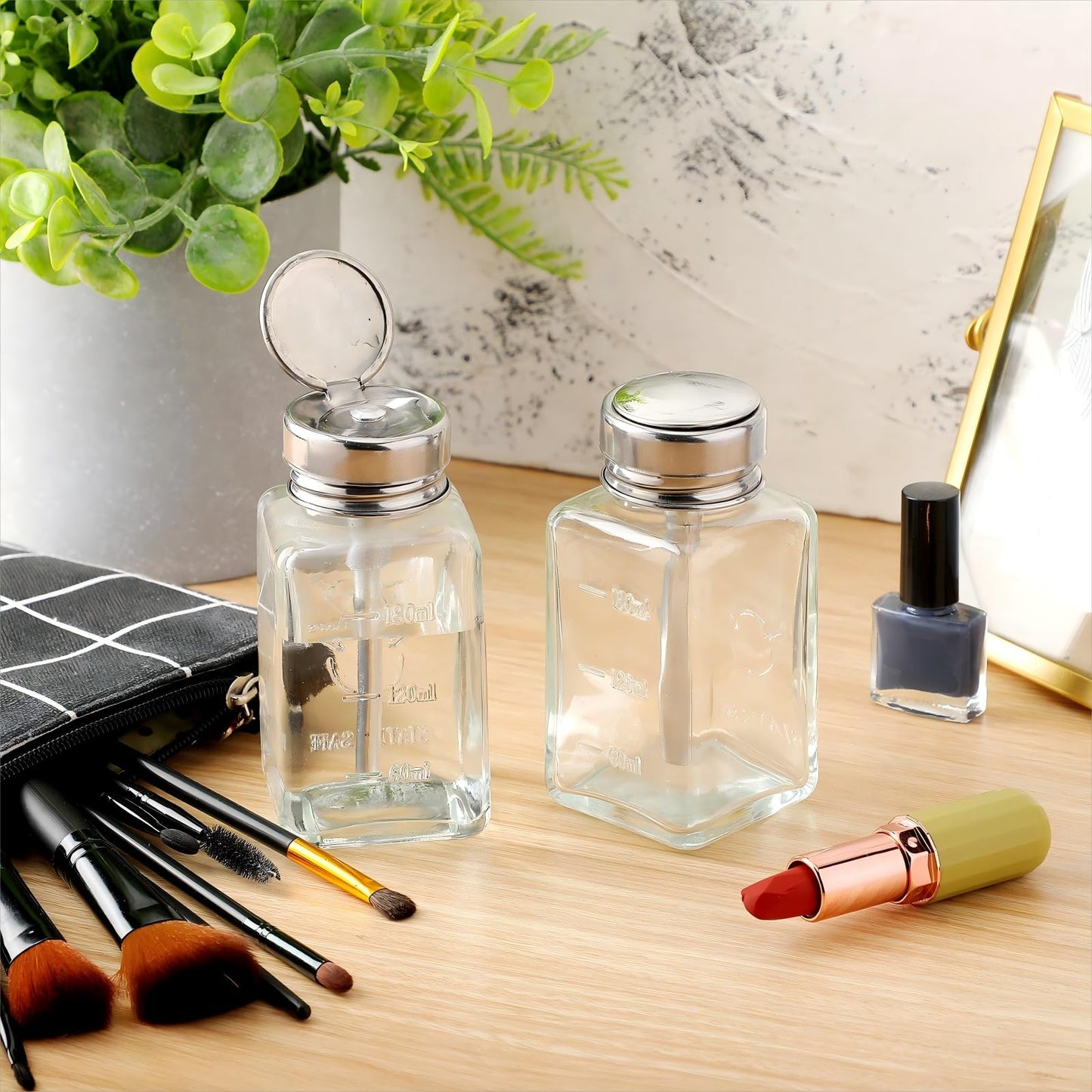 Lallisa 2 Pcs 6 Oz/ 180 ml Acetone Pump Dispenser Clear Pump Dispenser Bottle with Flip Cover Glass Nail Polish Remover Push Down Bottle Refillable Press Container for Makeup Remover