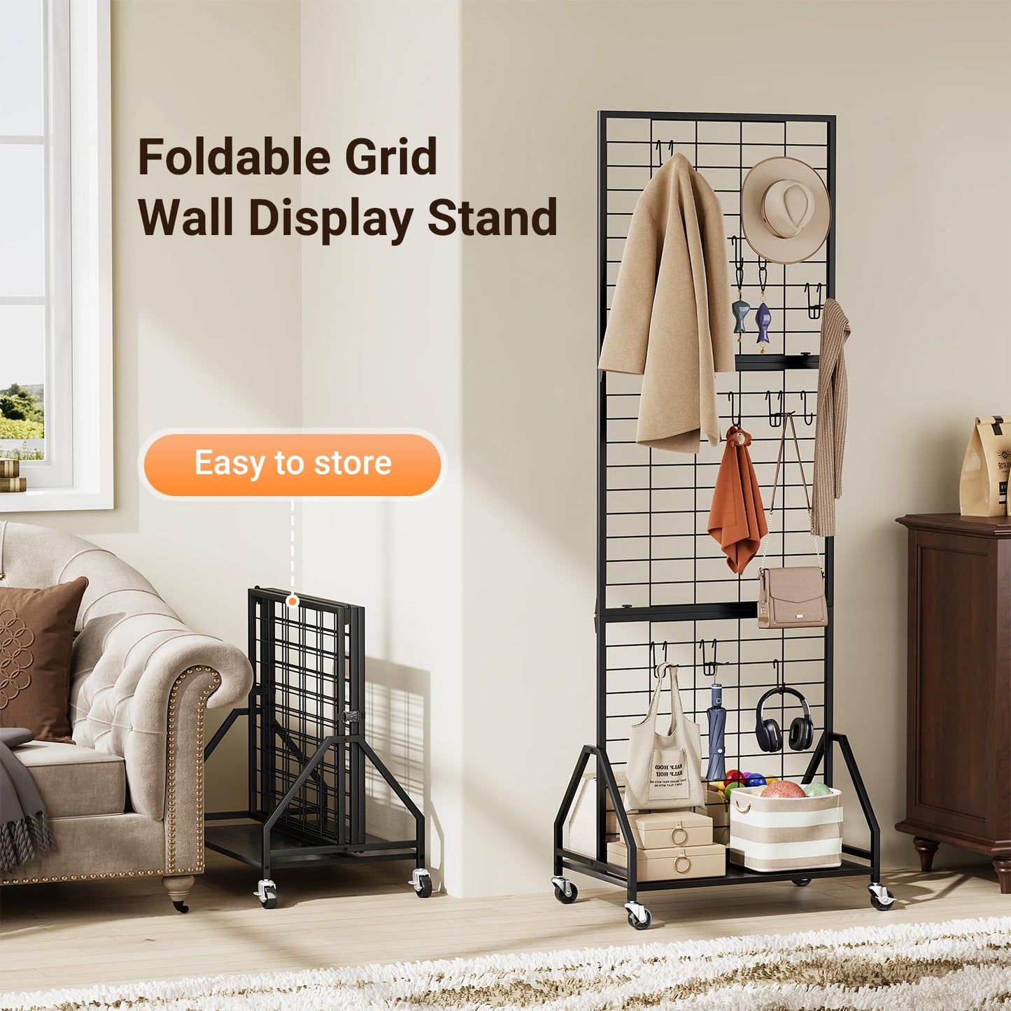 ELYKEN Foldable Grid Wall Panels 5.7' x 2' FT, Movable Wire Gridwall Display Rack with Wheels and Adjustable Foots, Retail Display Stand for Vendor with Storage (Black)