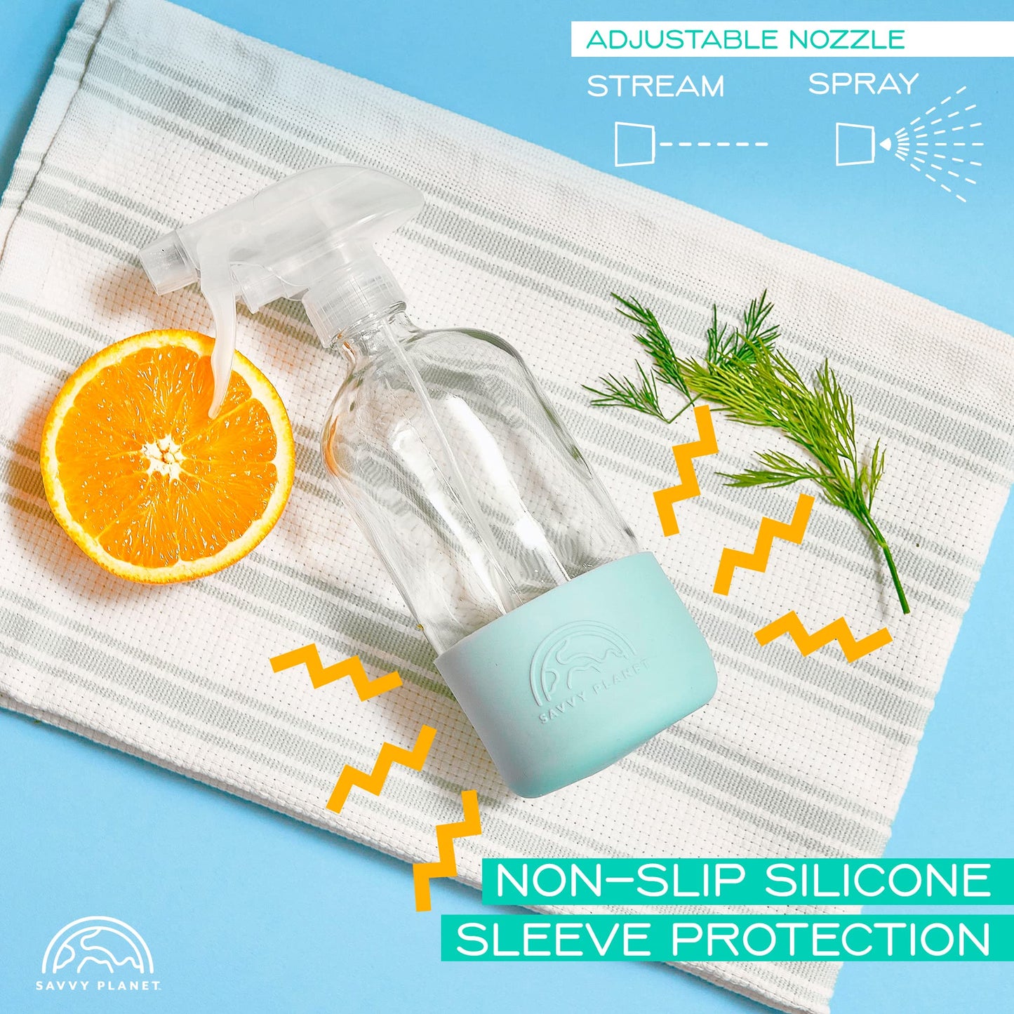 SAVVY PLANET - Glass Spray Bottles for Cleaning, Silicone Sleeve Bottom for Protection, Reusable Glass Spray Bottles 16 Oz With Adjustable Nozzle Settings (2 Pack)