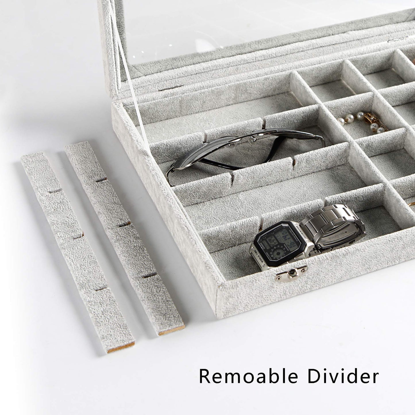 Frebeauty 24 Grid Earring Holder Organizer Tray, Jewelry Organizers and Storage for Drawer,Velvet Jewelry Display Storage for Earrings,Rings,Studs,10.5 x 6.5 x 1.2 Inches Gift for Women (Grey)