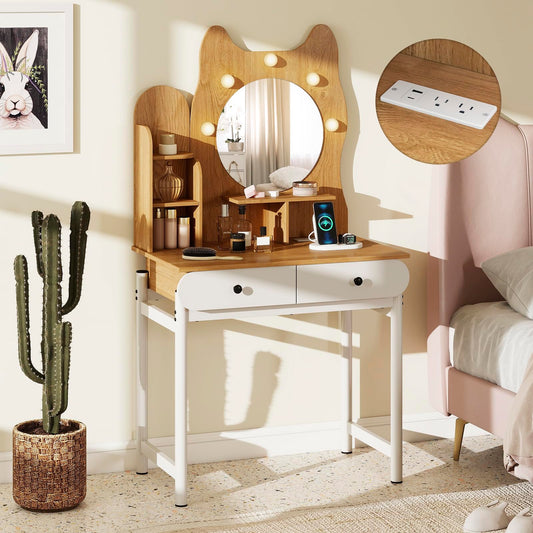 LOKO Cute Cat-Themed Vanity Desk, 31.5" Makeup Table with Kitty Ear Design, Charging Station, 3-Color LED Bulbs, Dimmable Brightness, Open Shelves & 2 Drawers, Modern Dressing Table for Women, Girls