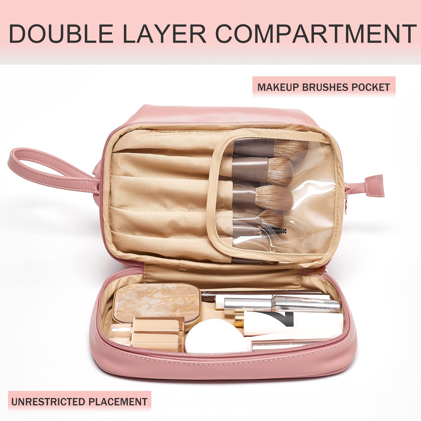 YOMOSPACE Large Makeup Bag, Double Layer Cosmetic Bag, Leather Make Up Bag with Brush Organizer, Portable Travel Makeup Bag, Makeup Organizer Bag Toiletry Bag for Women and Girls (Pink)