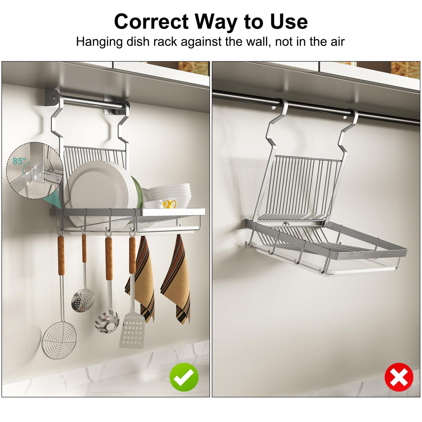 TQVAI Over Sink Dish Drainer Drying Rack, Stainless Steel Foldable Wall Mounted Dish Racks with Drainboard Hanging Rod and Sponge Holder, Silver