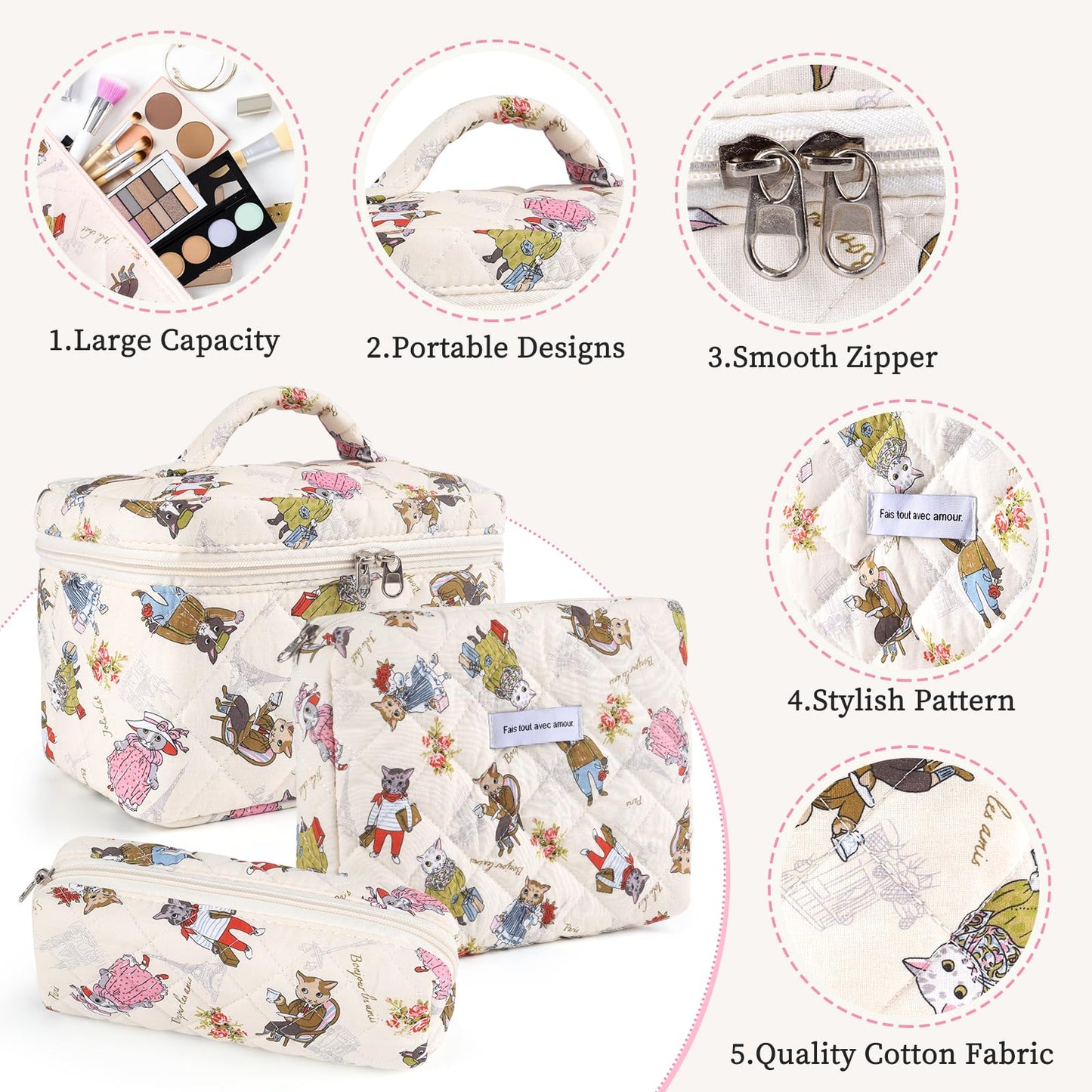 YINGJEE Large Quilted Makeup Bag for Women and Girls, Cute Coquette Floral Cotton Cosmetic Bag, Aesthetic Travel Organized Toiletry Bags (08-colorful cats)