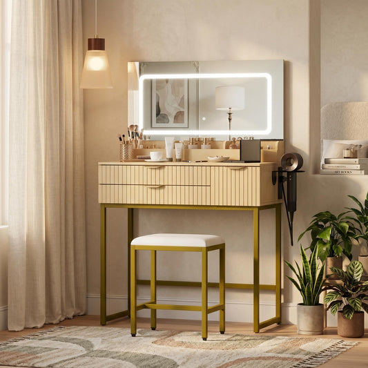 Garvee 31.5" LED Vanity Desk with Mirror and Lights, Modern Makeup Table with 3 Color Lighting Modes, Built-in Power Outlet and 3 Storage Drawers for Bedroom