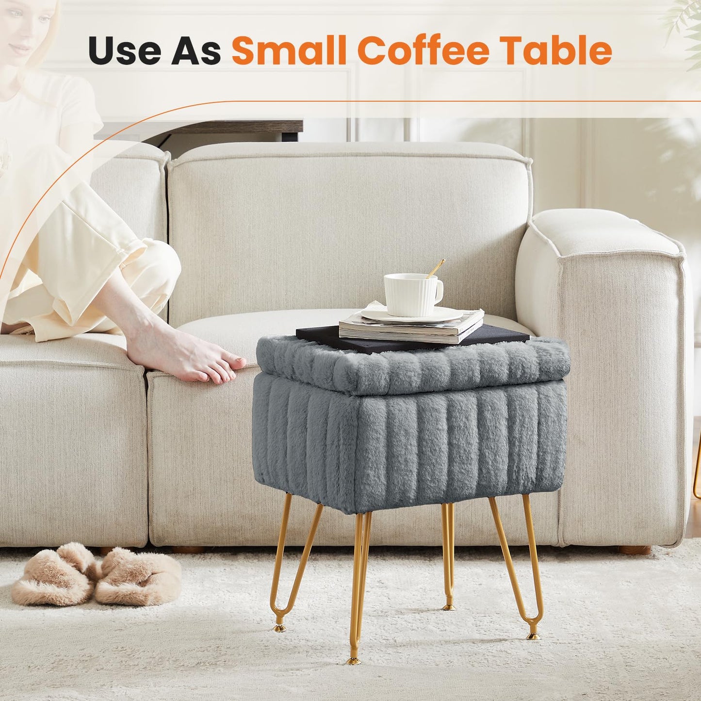 Sweetcrispy Vanity Stool Chair with Storage, 18.9”H x 16”L x 12.2”W Ottoman Chair Faux Fur Soft Padded Makeup Footstools Seat with 4 Metal Legs Anti-Slip Adjustable Feet for Make Up, Grey