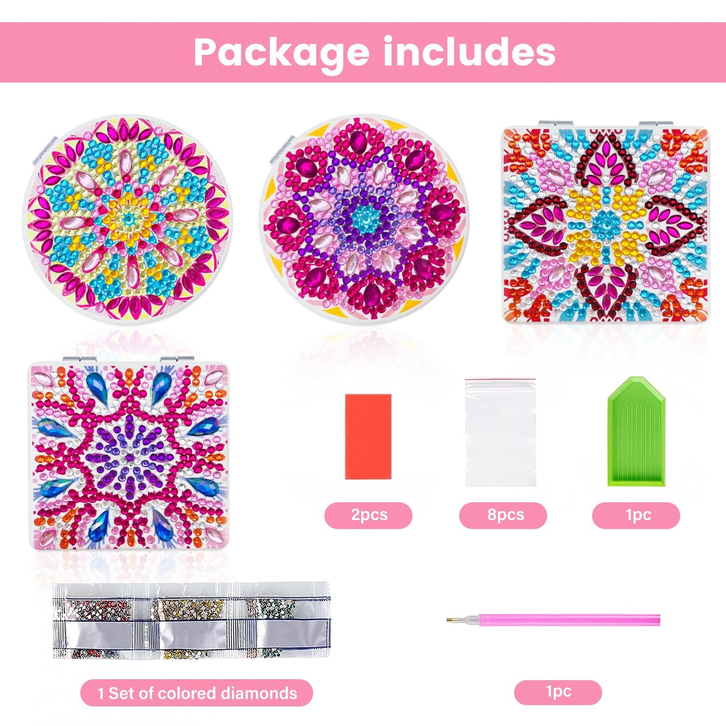 FILASLFT Diamond Painting Compact Mirror,Diamond Art Mirror,4 Pcs Makeup Mirror Pocket Cover Portable Magnifying Folding Purse Mirror,Christmas Birthday Gifts for Women Girls(Mandala)