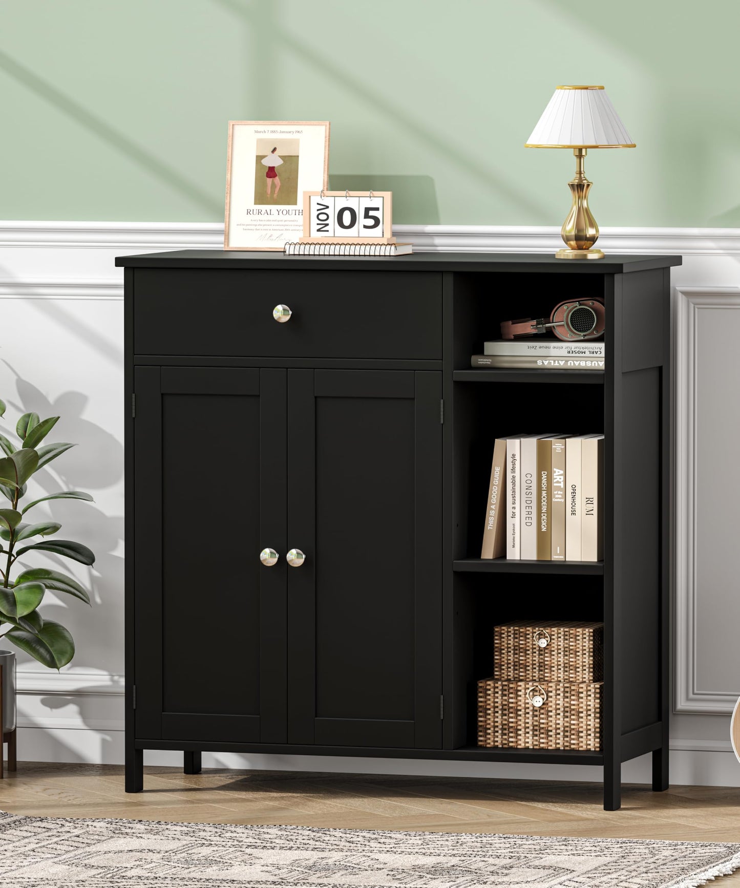 Keehusux Black Bathroom Floor Cabinet with Large Drawer, Floor Storage Cabinet with Doors & Adjustable Shelves, Modern Storage Cupboard with 3 Open Shelves for Kitchen, Living Room, Entryway