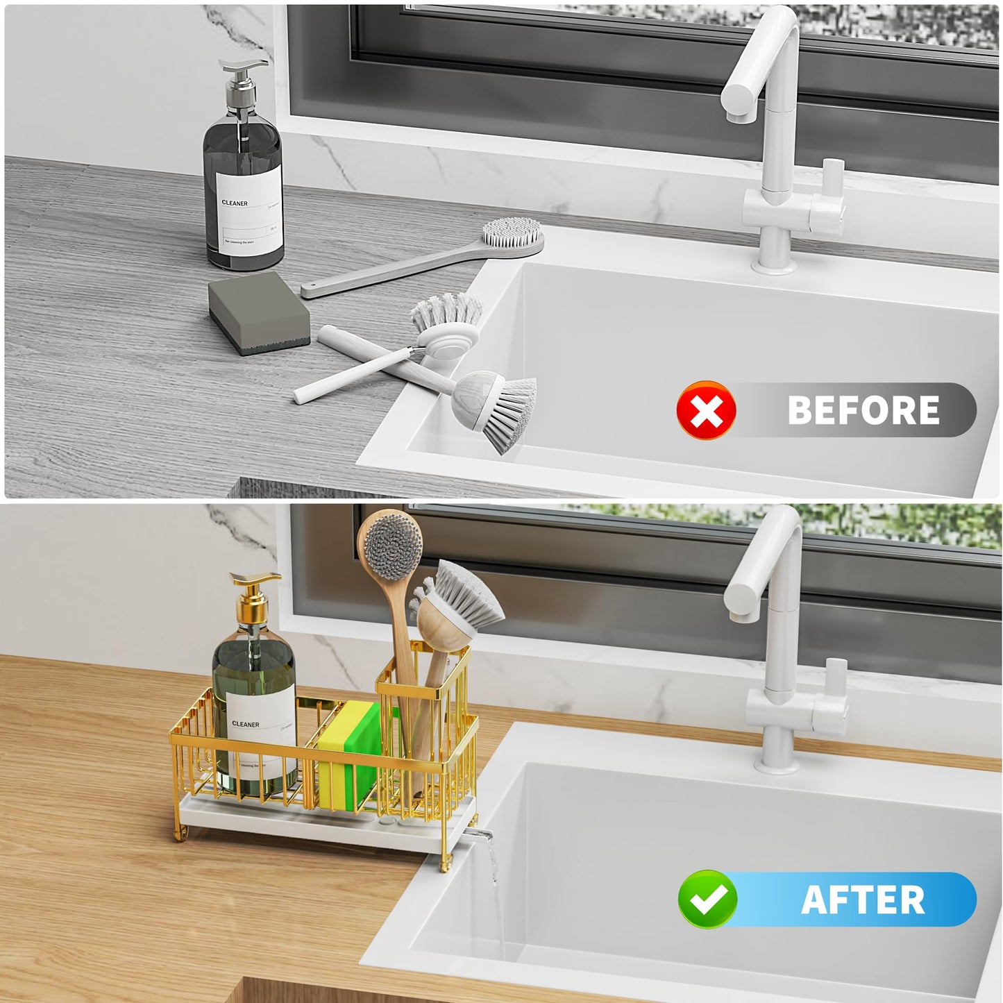 Cisily Sponge Holder for Kitchen Sink, Sink Caddy Organizer with High Brush Holder, Kitchen Countertop Organizers and Storage Essentials, Rustproof 304 Stainless Steel (Gold, 9.25″)
