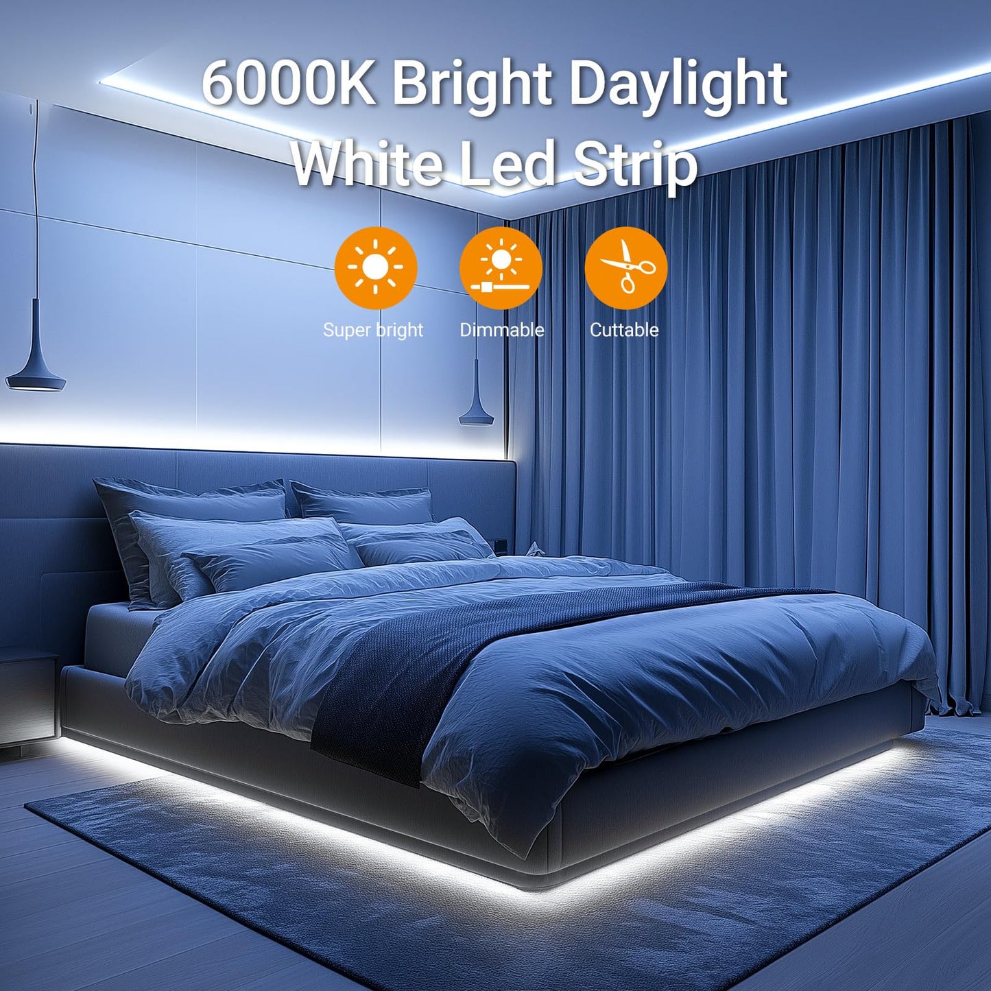 CT CAPETRONIX White LED Strip Light, 49.2 Feet 24 Volt LED Light Strip White, 6000K Daylight Super Bright LED Tape Light for Bedroom, Kitchen, Closet, Cabinet, Mirror, Indoor(Dimmer Included)