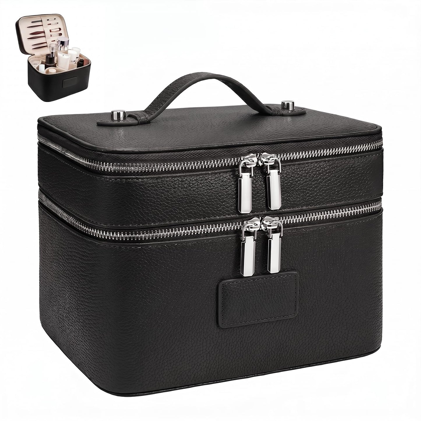 idoltimes Makeup Case,Leather Double Layer Makeup Bag Duo,Large Portable Travel Toiletry Case Cosmetic Organizer for Women