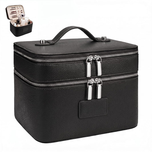 idoltimes Makeup Case,Leather Double Layer Makeup Bag Duo,Large Portable Travel Toiletry Case Cosmetic Organizer for Women