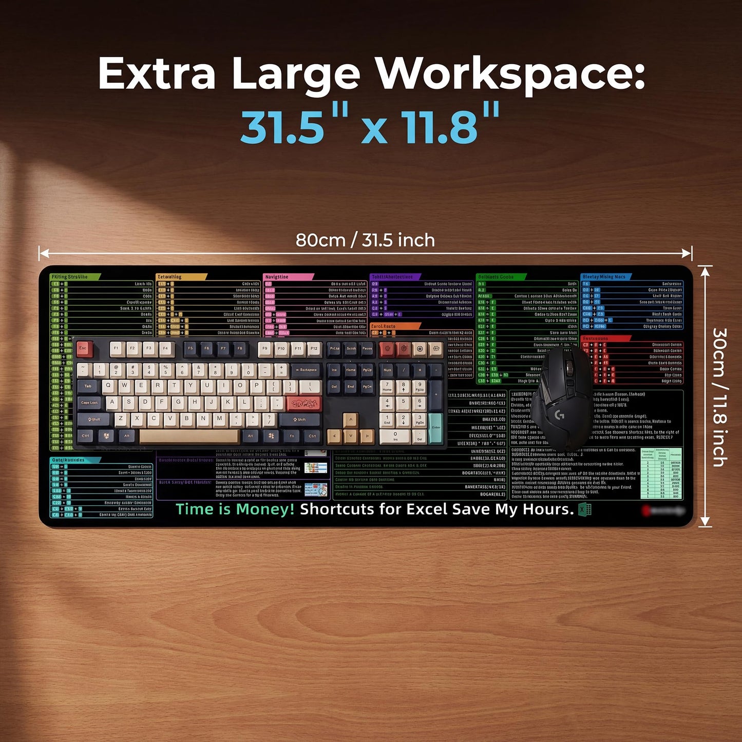 Excel Shortcut Keys Mouse Pad, Extended Large Desk Mat (31.5x11.8 Inch) with Non-Slip Base & Washable Surface for Gaming, Computer, Office Desk