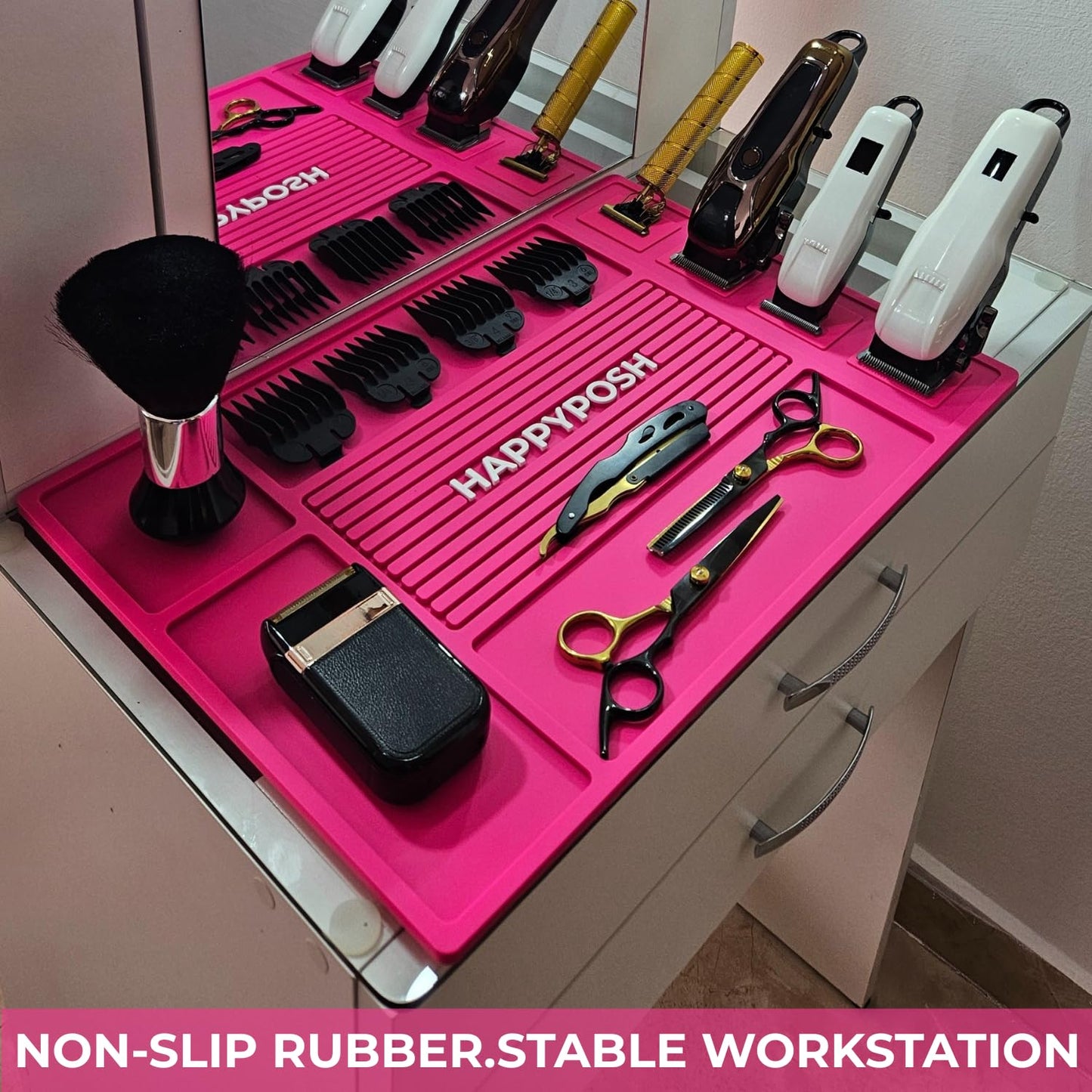 HAPPYPOSH Magnetic Barber Mat, Magnetic Barber Mats For Clippers and Supplies, Barbershop Pad for Station, Beauty Salon Table Mat, Barbering Tool Organizer for Pro Hairstylist, Pink