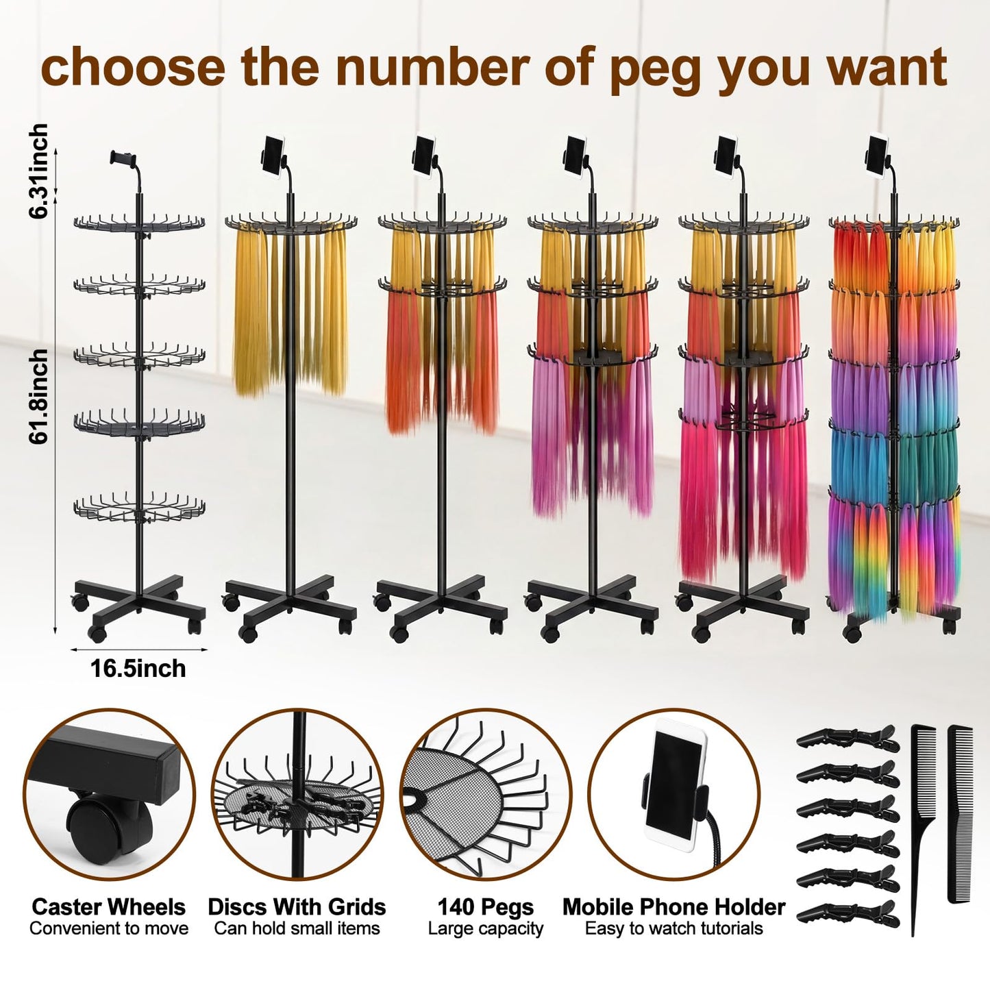 Suncalla Braiding Rack Standing Hair Extension Holder with Tray 140 Pegs Height Adjustable Separator with Phone Holder Stylist Braiding Tools Accessories for Displaying and Separating Hair