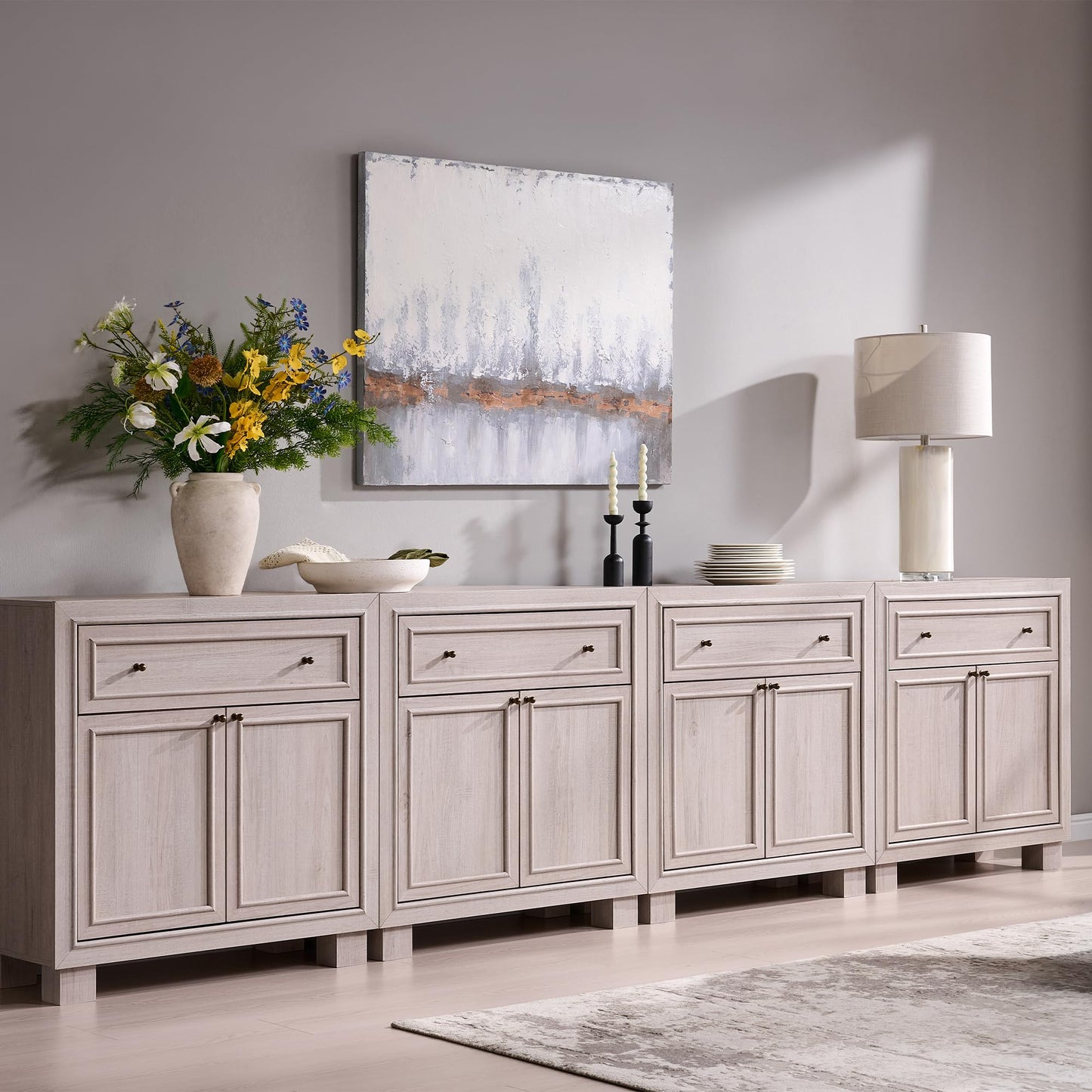 ACCOHOHO Modern Farmhouse Buffet Cabinet, 126" Sideboard Credenza, Modular Storage Cabinet with Framed Panel Fronts, Adjustable Shelves & Dual Base Design, White Alder