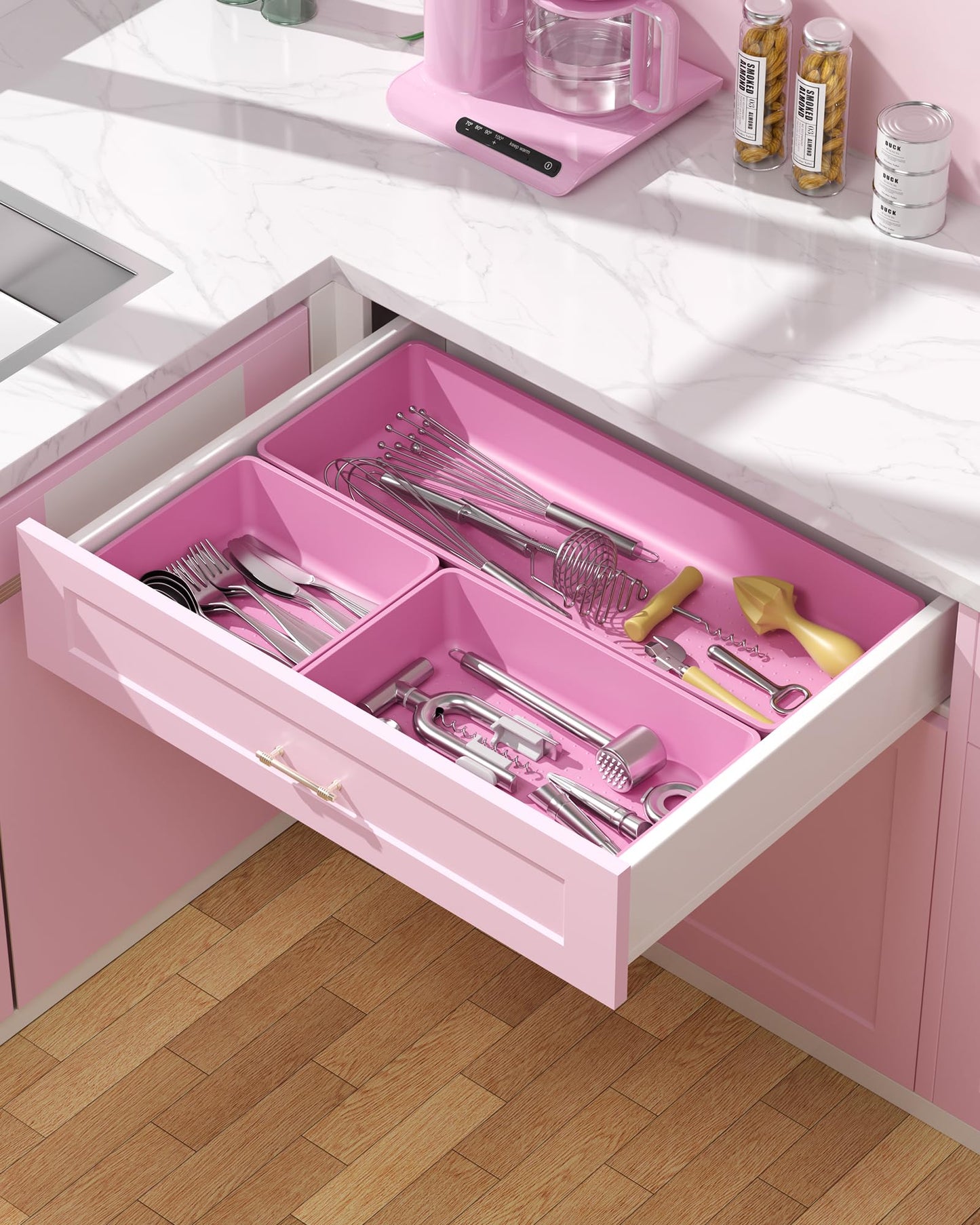 MLIKLU 10 Pack Large Size Plastic Drawer Organizers Set, 3 Sizes Desk Drawer Organizer Trays, Storage Bins for Vanity, Makeup, Bathroom, Kitchen Utensils and Office (Pink)