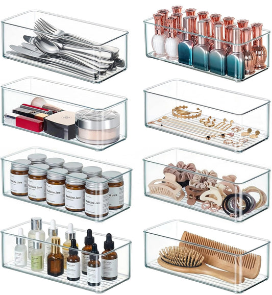 Qilinba 8 PACK Drawer Organizers Deep Drawer Organizer Bins Silverware Organizer Clear Stackable Storage Bins for Bathroom, Pantry, Office, Vanity, Desk Organization and Storage