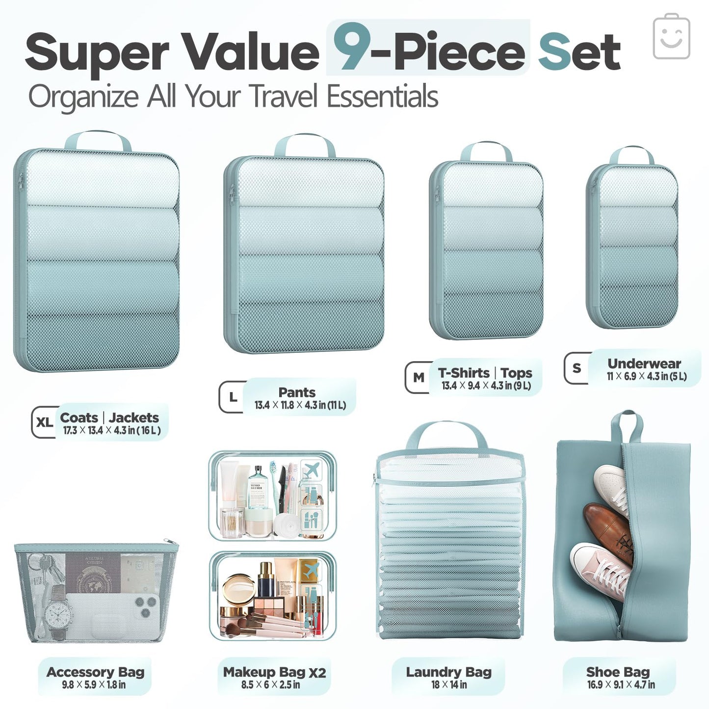 Veken 9/11 Set Compression Packing Cubes for Travel Essentials,Compressible Expandable Large Luggage Suitcase Organizer Bags for Clothing,Space Saver Bags with Over 1000 pcs of Mesh Holes(Blue Gray)