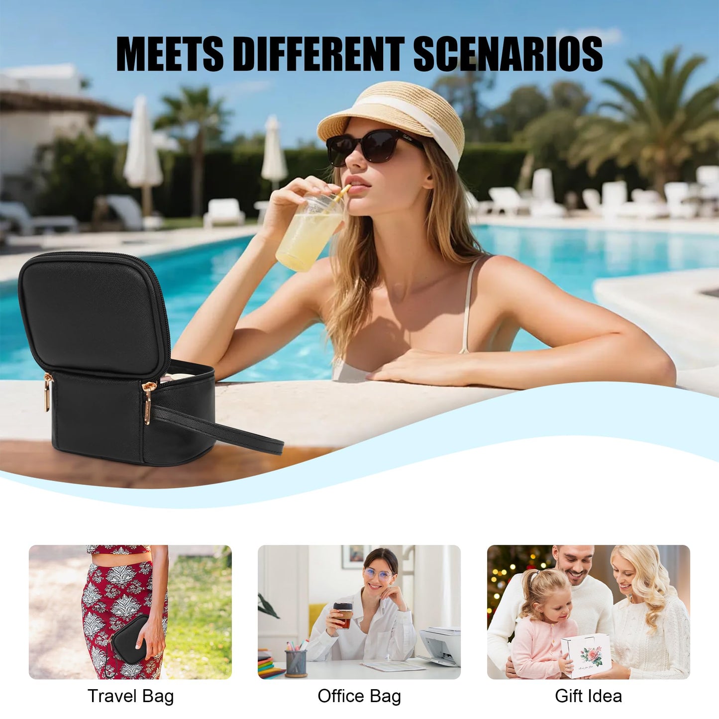 Relavel Mini Makeup Bag with Led Mirror, Small Cosmetic Bag with 3 Light Modes, Rechargeable Portable Makeup Pouch with Hands-Free Wrist Strap for Pool Parties丨Work Touch-Ups丨Travel - Black