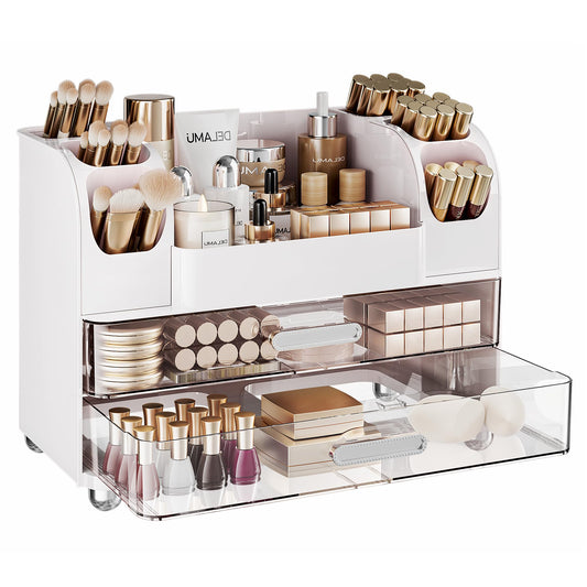 Delamu Large Makeup Organizer Countertop with 6 Brush Holders, Makeup Organizers for Vanity with 2 Large Drawers, Easy to Store Skincare, Lipsticks, Nail Polishes, Perfumes, Eyeshadow Palettes, White