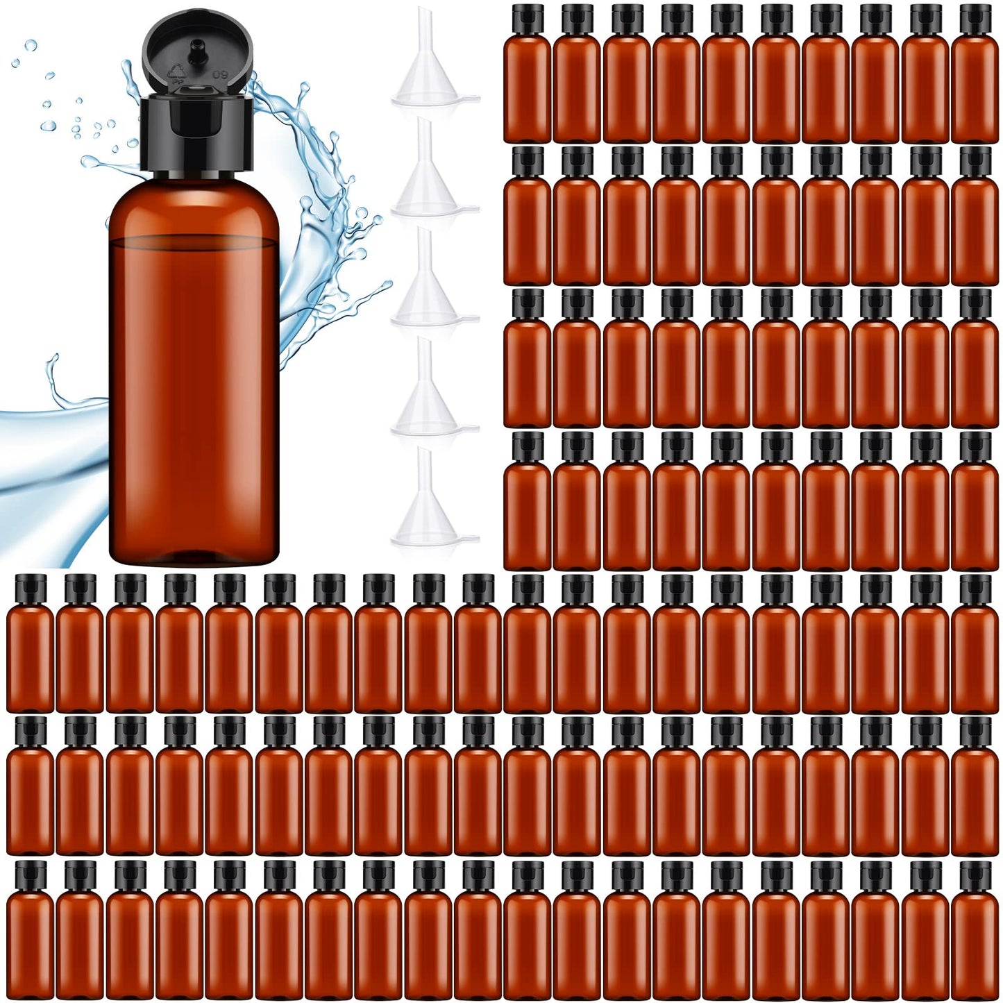 Eccliy 100 Pack 2 oz Plastic Bottles Travel Lotion Bottle Squeeze Container Plastic Bottles with Caps Small Travel Empty Refillable Toiletry Containers for Liquid Lotion Creams with 5 Funnels(Brown)
