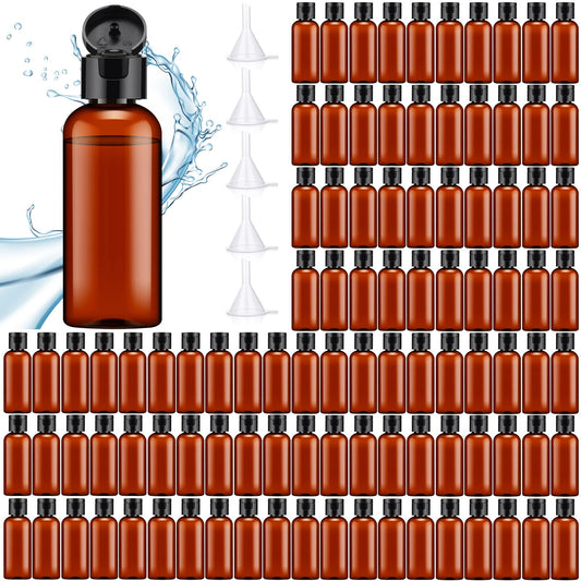 Eccliy 100 Pack 2 oz Plastic Bottles Travel Lotion Bottle Squeeze Container Plastic Bottles with Caps Small Travel Empty Refillable Toiletry Containers for Liquid Lotion Creams with 5 Funnels(Brown)