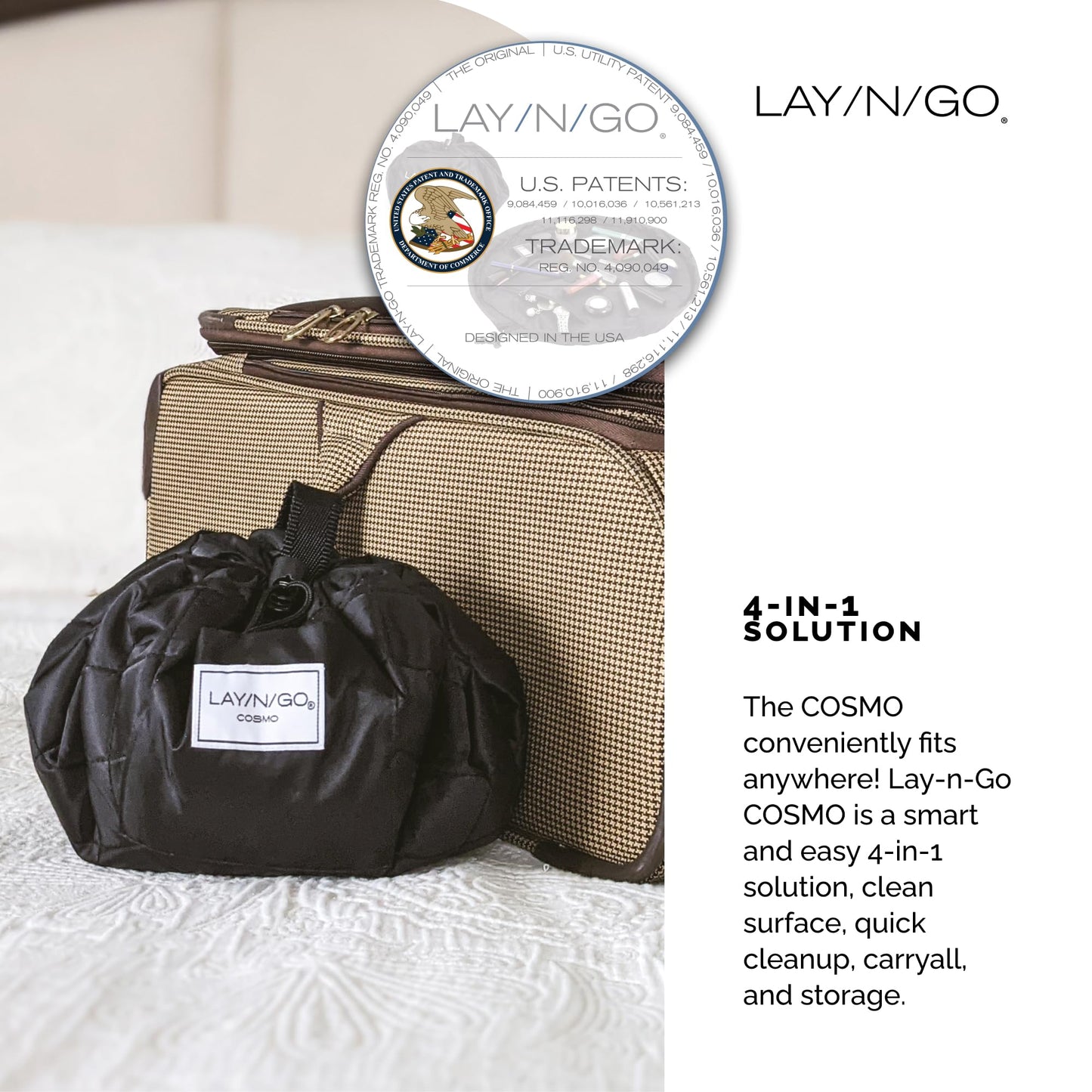 Lay-n-Go Cosmo Layflat Drawstring Cosmetic & Makeup Bag Organizer w/Zipper Pocket, Brush Loops & More, Cinch to Close, Lay Flat to Use, Durable, Machine Wash, Travel Toiletry Bag (20", Navy/Green)