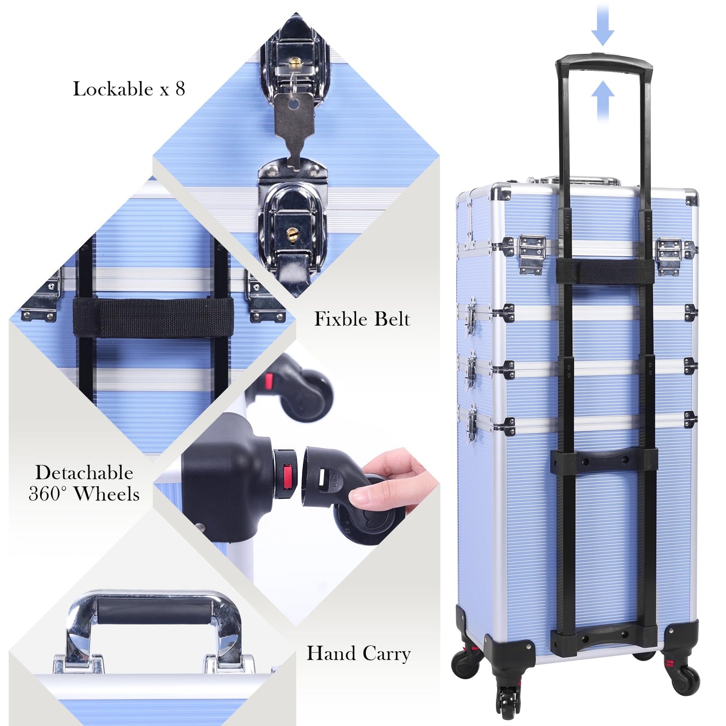5-in-1 Rolling Makeup Train Case, Large Professional Cosmetic Trolley Organizer on Wheels with 360° Swivel Wheels, Lockable Black Aluminum Travel Case for Makeup Artists, Nail Techs & Hairstylists