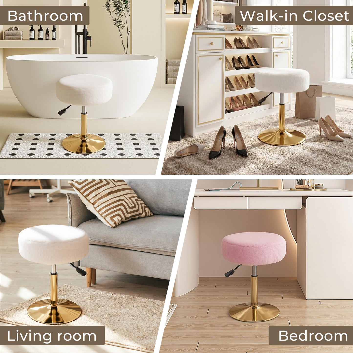 Xenothos Vanity Chair Adjustable Vanity Stool for Vanity Swivel Vanity Stool Chair Ottoman Gold Base Light Pink