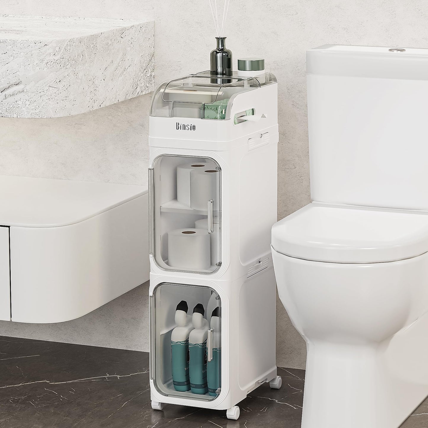 BINSIO 3-Tier Slim Bathroom Storage Cabinet for Toilet Side, Toilet Paper Storage Organizer, Narrow Rolling Bathroom Storage Cabinet with Transparent Doors for Small Space, Foldable Easy Assembly