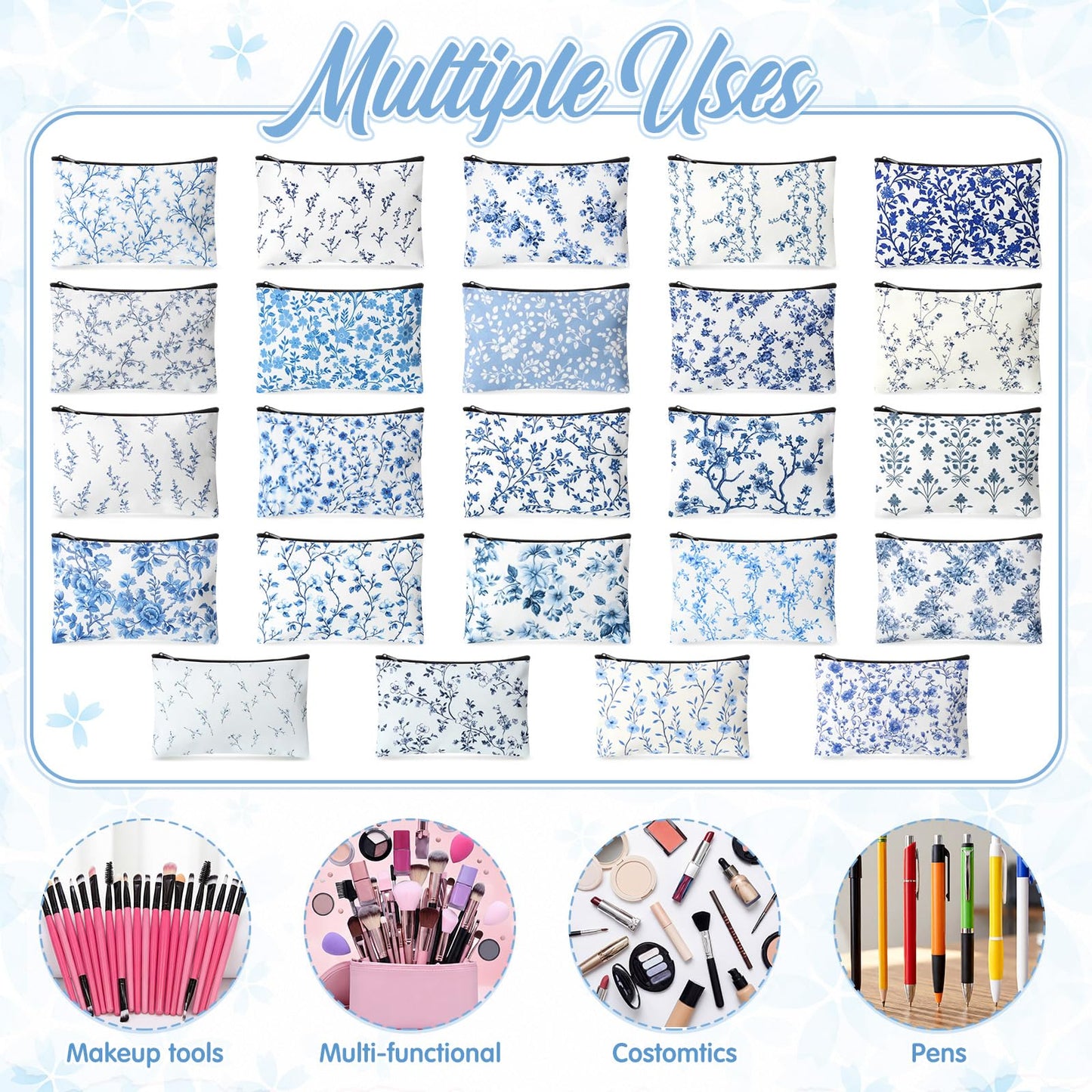Shinylin 24 Pcs Blue and White Floral Canvas Makeup Bag Bulk Double Sided Printed Blue Wildflower Cosmetic Bags with Zipper Chinoiserie Canvas Travel Toiletry Pouch for Women Bridesmaids Bridal Shower