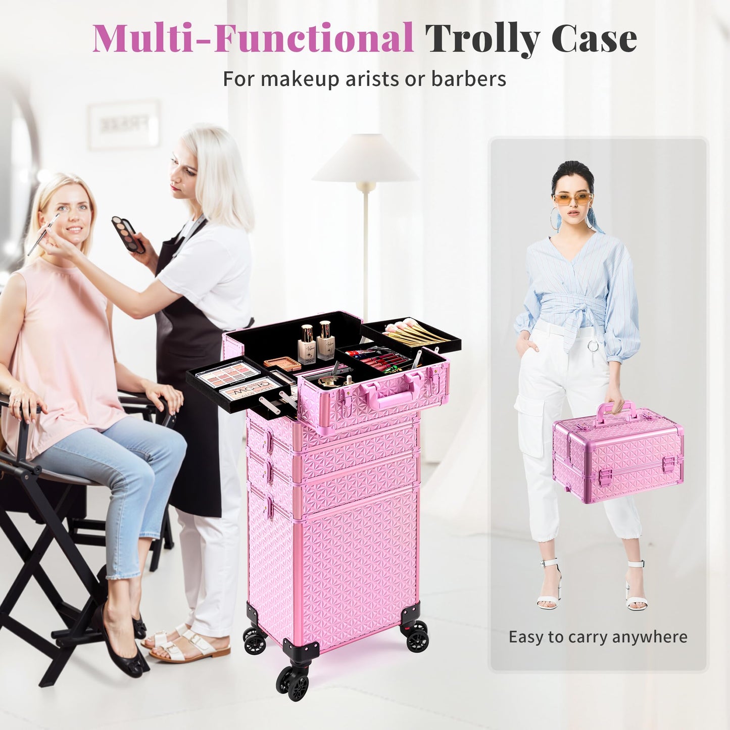 AROUS 5 in 1 Rolling Makeup Train Case Cosmetology Case on Wheels Large Cosmetic Organizer Travel Cart for Hairstylist Artist Nail Beauty Salon Barber,All Pink