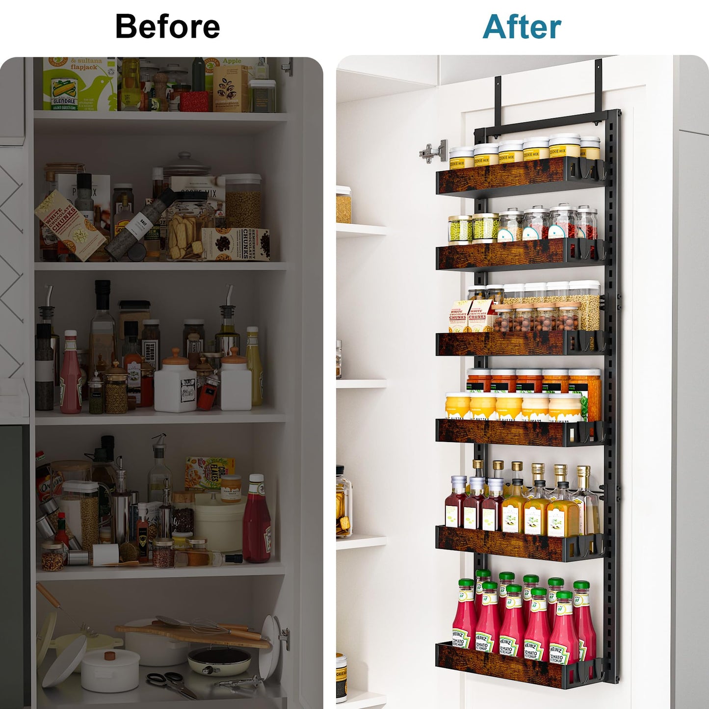BUKFEN 6-Tier Over the Door Pantry Organizer, 2-in-1 Door Hanging or Wall Mounted Spice Rack with Adjustable Wooden Baskets, Heavy Duty Metal Storage Shelf, 12 Hooks for Kitchen, Bathroom, Closet