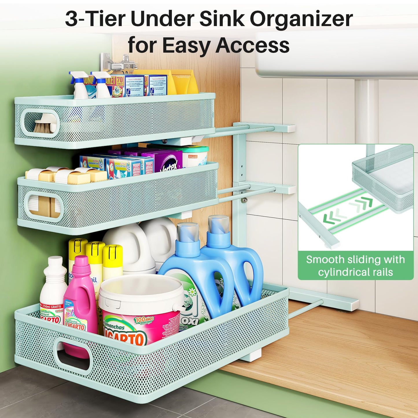 Under Sink Organizer, 2-Pack 3-Tier Height Adjustable Thickened Metal Pull out Cabinet Organizer Shelf, Slide out Storage Drawer Rack for Bathroom Kitchen Pantry Home Organization, LightBlue