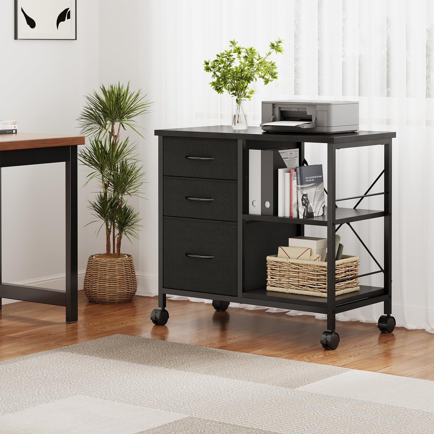 DUMOS 3-Tier Mobile File Cabinet, Printer Stand with Storage, Office Table with Drawers and Back Support Bar, Holds 110lbs for Home Office, Rustic Black